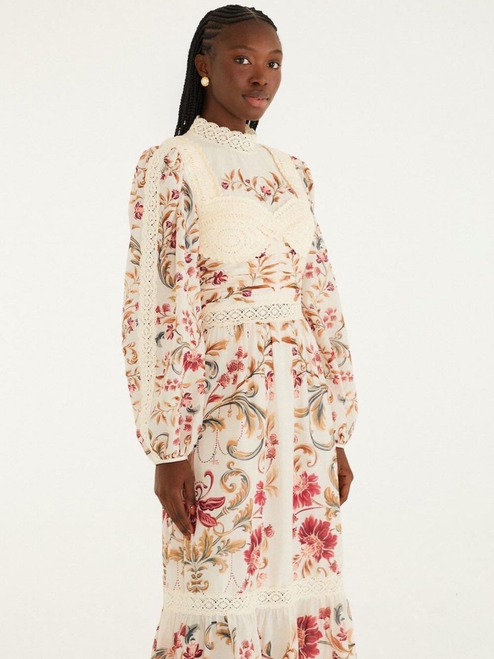 Cream Royal Garden Long Sleeve Crochet Midi Dress